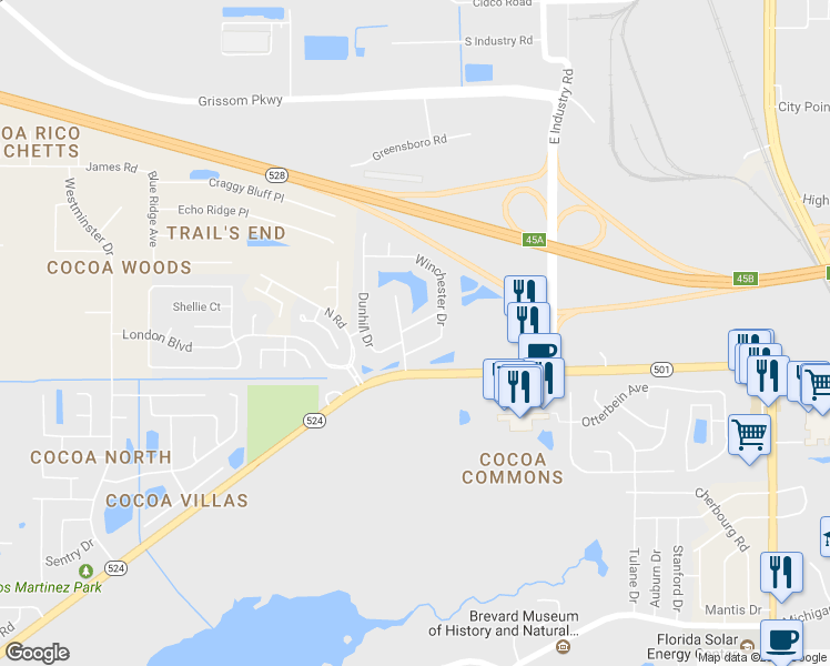 map of restaurants, bars, coffee shops, grocery stores, and more near 2735 Wentworth Place in Cocoa