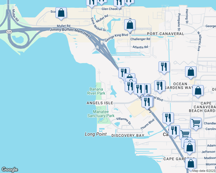 map of restaurants, bars, coffee shops, grocery stores, and more near 8922 Laguna Lane in Cape Canaveral