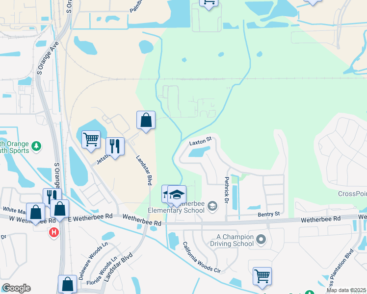 map of restaurants, bars, coffee shops, grocery stores, and more near 10455 Laxton Street in Orlando