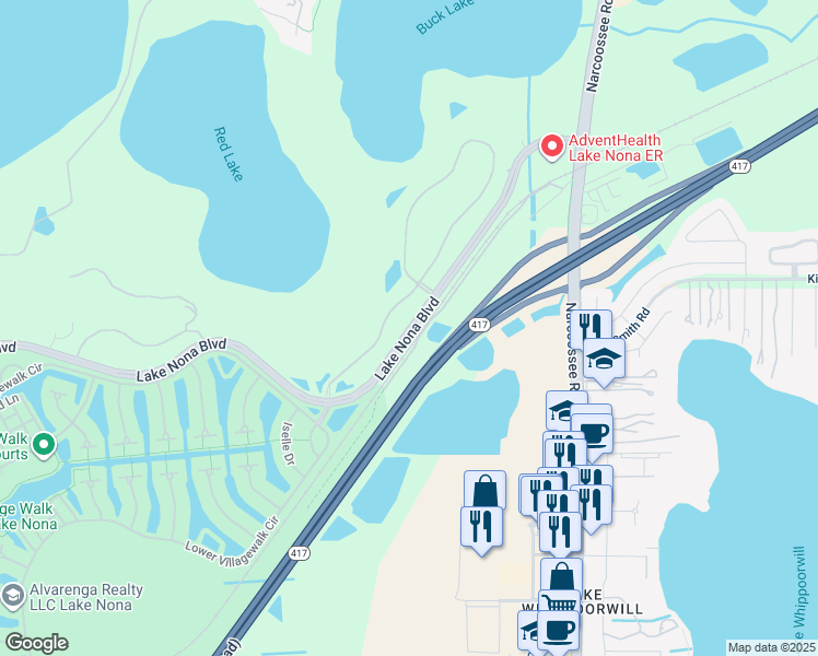 map of restaurants, bars, coffee shops, grocery stores, and more near 14100 Lake Nona Boulevard in Orlando