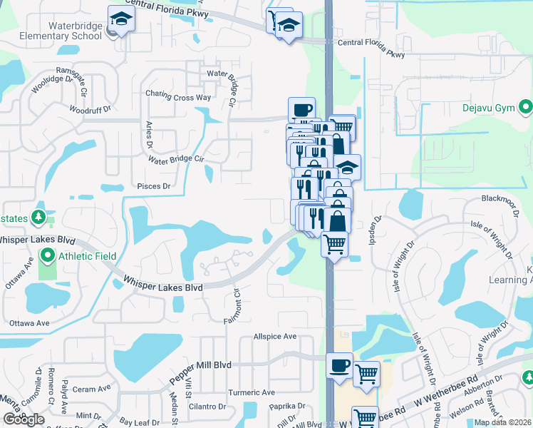 map of restaurants, bars, coffee shops, grocery stores, and more near 11533 Purple Lilac Circle in Orlando