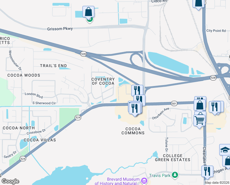 map of restaurants, bars, coffee shops, grocery stores, and more near 3000 Winchester Drive in Cocoa