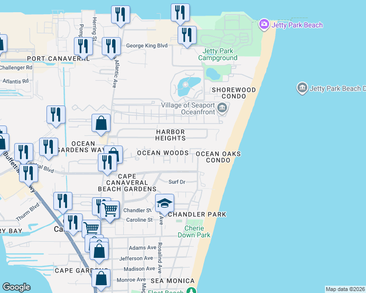 map of restaurants, bars, coffee shops, grocery stores, and more near 8753 Honeysuckle Way in Cape Canaveral