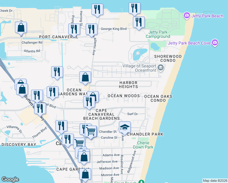 map of restaurants, bars, coffee shops, grocery stores, and more near 8751 Cocoa Court in Cape Canaveral
