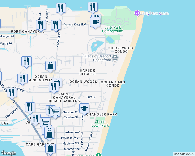 map of restaurants, bars, coffee shops, grocery stores, and more near 8777 Live Oak Court in Cape Canaveral
