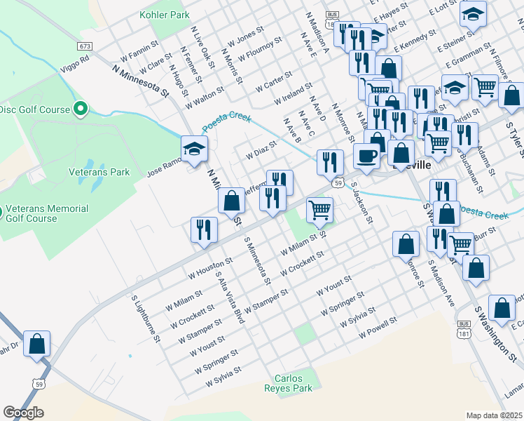 map of restaurants, bars, coffee shops, grocery stores, and more near 900 West Corpus Christi Street in Beeville