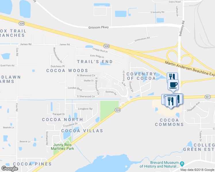 map of restaurants, bars, coffee shops, grocery stores, and more near 2963 Barkway Drive in Cocoa