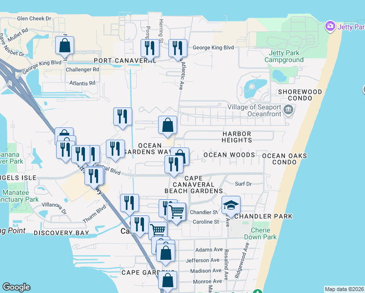 map of restaurants, bars, coffee shops, grocery stores, and more near 8719 Clara Elizabeth Lane in Cape Canaveral