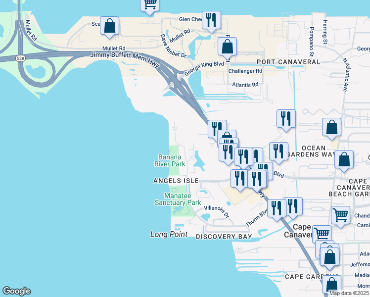 map of restaurants, bars, coffee shops, grocery stores, and more near 8935 Puerto Del Rio Drive in Cape Canaveral