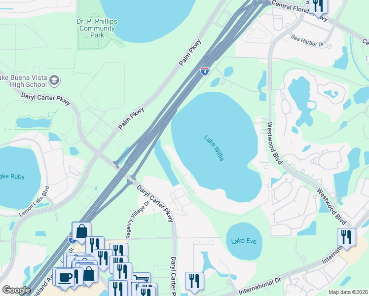 map of restaurants, bars, coffee shops, grocery stores, and more near 7444 Lake Willis Drive in Orlando