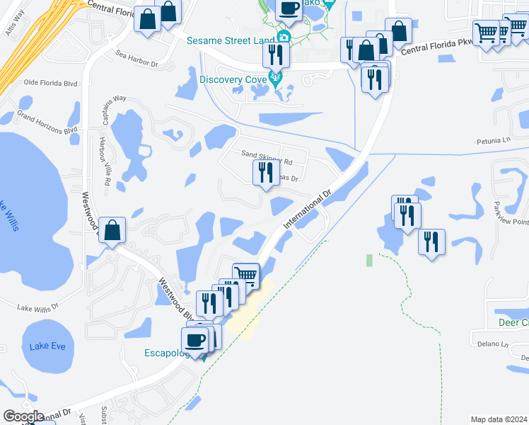 map of restaurants, bars, coffee shops, grocery stores, and more near 6324 Parc Corniche Drive in Orlando