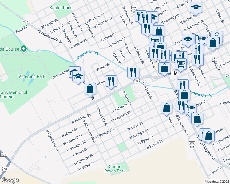 map of restaurants, bars, coffee shops, grocery stores, and more near 900 West Corpus Christi Street in Beeville