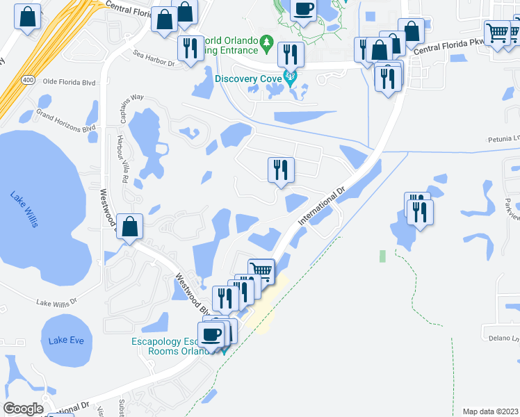map of restaurants, bars, coffee shops, grocery stores, and more near 6336 Parc Corniche Drive in Orlando