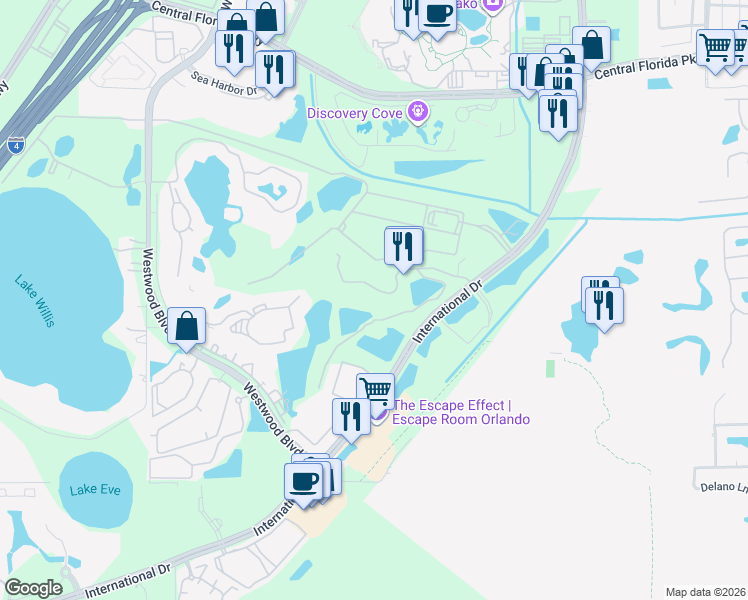 map of restaurants, bars, coffee shops, grocery stores, and more near 6336 Parc Corniche Drive in Orlando