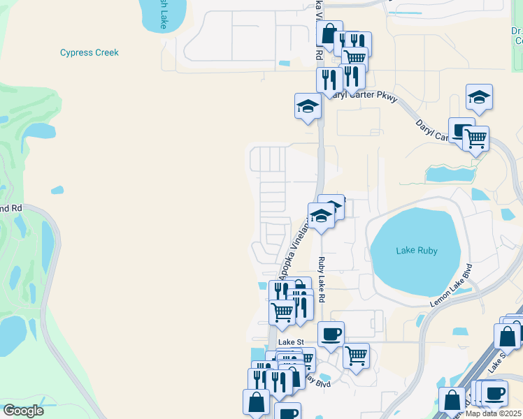 map of restaurants, bars, coffee shops, grocery stores, and more near 8950 Polynesian Lane in Orlando