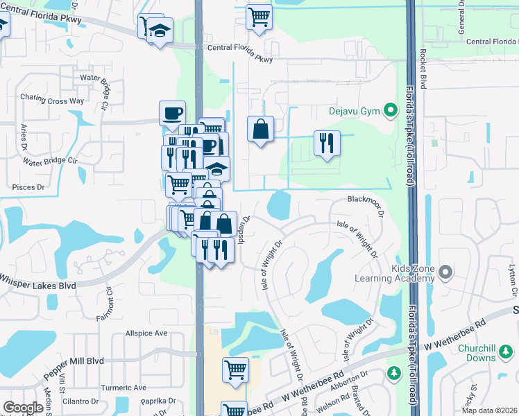 map of restaurants, bars, coffee shops, grocery stores, and more near 2043 Ipsden Drive in Orlando