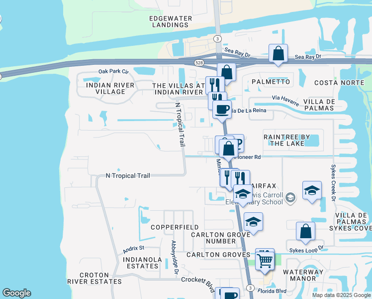 map of restaurants, bars, coffee shops, grocery stores, and more near 2350 North Tropical Trail in Merritt Island