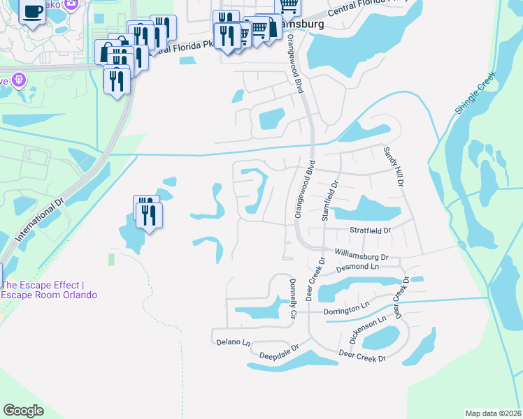 map of restaurants, bars, coffee shops, grocery stores, and more near 6043 Parkview Point Drive in Orlando
