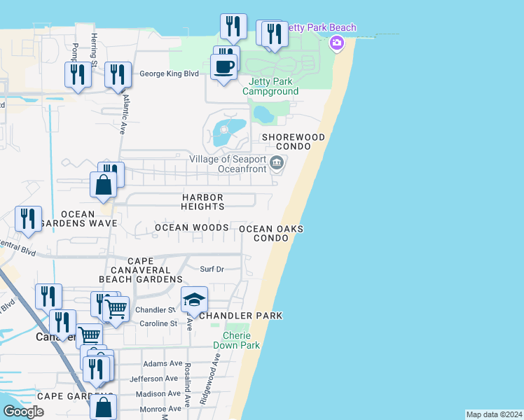 map of restaurants, bars, coffee shops, grocery stores, and more near 403 Harbor Drive in Cape Canaveral