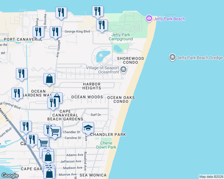 map of restaurants, bars, coffee shops, grocery stores, and more near 8774 Live Oak Court in Cape Canaveral