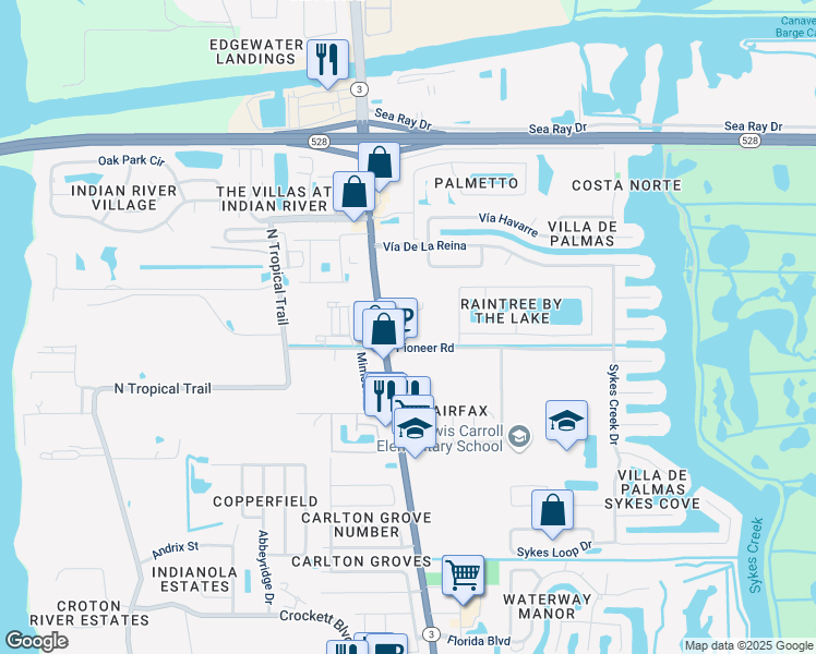 map of restaurants, bars, coffee shops, grocery stores, and more near 2404 North Courtenay Parkway in Merritt Island