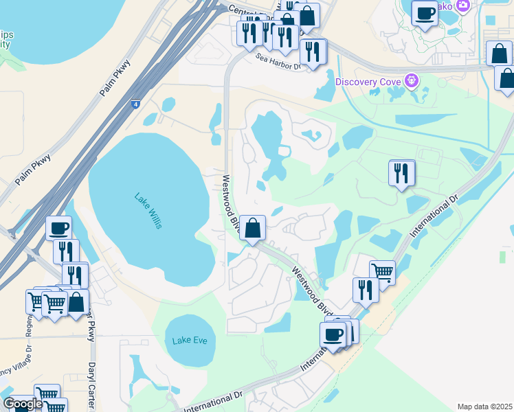map of restaurants, bars, coffee shops, grocery stores, and more near 11251 Harbour Villa Road in Orlando