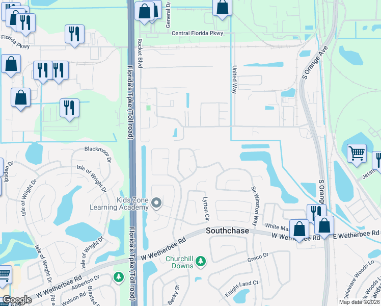 map of restaurants, bars, coffee shops, grocery stores, and more near 11519 Kenley Circle in Orlando