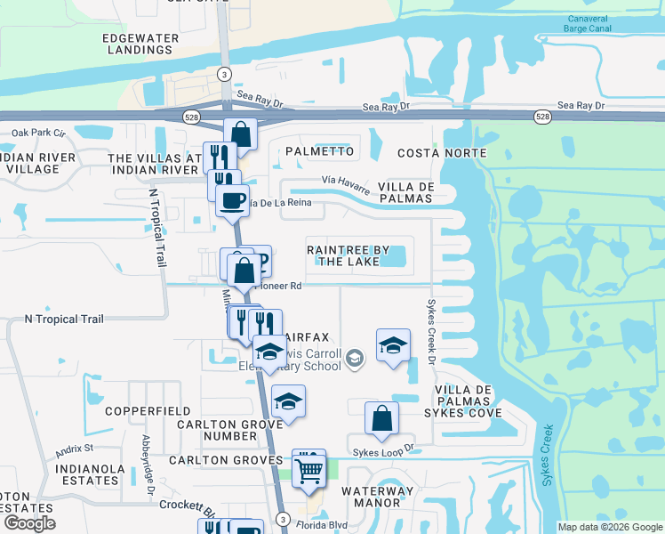 map of restaurants, bars, coffee shops, grocery stores, and more near 2345 Bacon Court in Merritt Island