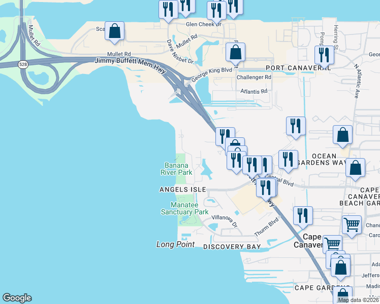 map of restaurants, bars, coffee shops, grocery stores, and more near 9009 Astronaut Boulevard in Cape Canaveral