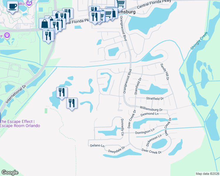 map of restaurants, bars, coffee shops, grocery stores, and more near 5809 Plum Pudding Court in Orlando