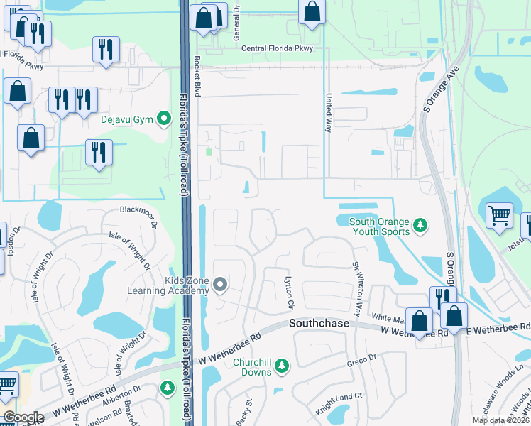map of restaurants, bars, coffee shops, grocery stores, and more near 11530 Kenley Circle in Orlando