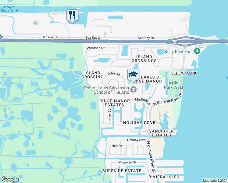 map of restaurants, bars, coffee shops, grocery stores, and more near 1300 Demitasse Avenue in Merritt Island