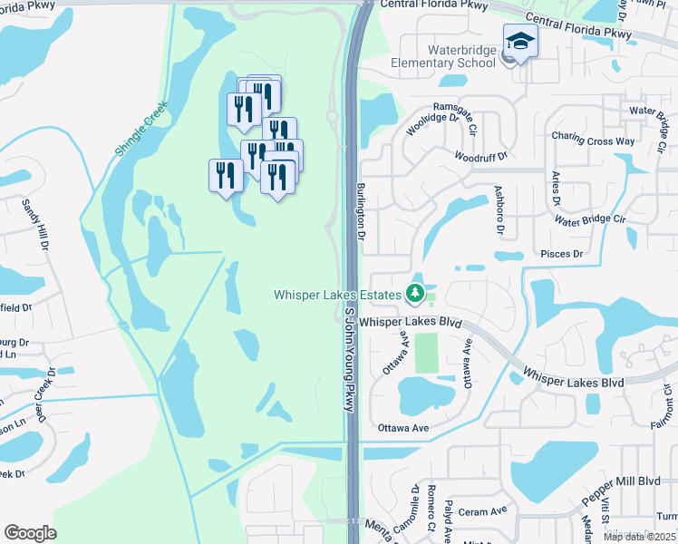 map of restaurants, bars, coffee shops, grocery stores, and more near Lakeshore Reserve Drive in Orlando