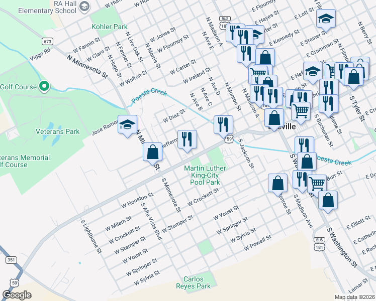 map of restaurants, bars, coffee shops, grocery stores, and more near 115 North Juarez Street in Beeville