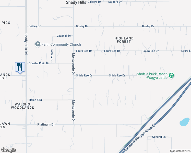 map of restaurants, bars, coffee shops, grocery stores, and more near 16728 Shirla Rae Drive in Spring Hill