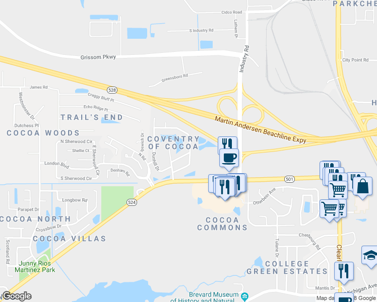 map of restaurants, bars, coffee shops, grocery stores, and more near 3015 Winchester Drive in Cocoa