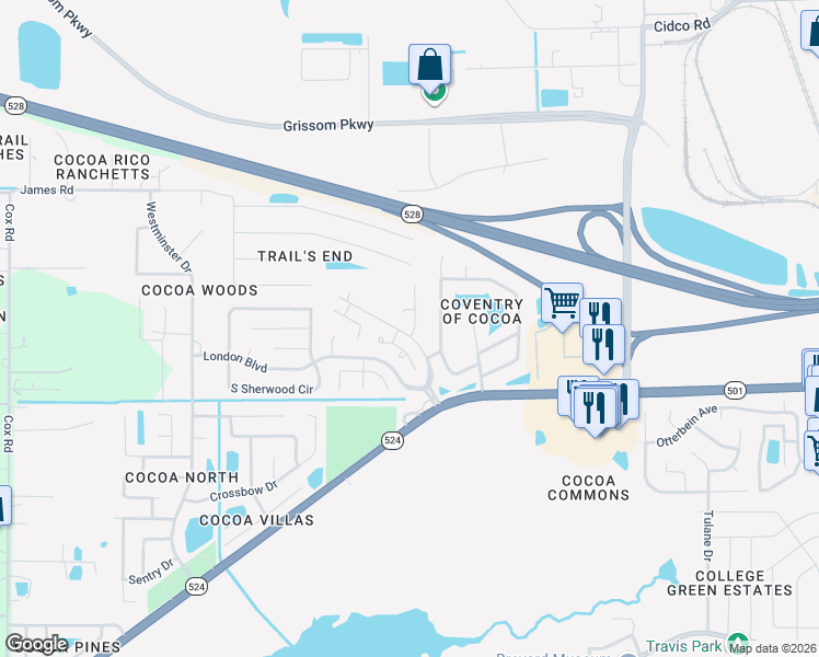map of restaurants, bars, coffee shops, grocery stores, and more near 3123 Ispwich Drive in Cocoa