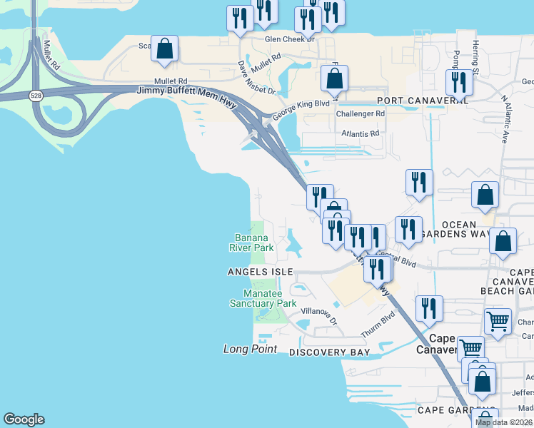 map of restaurants, bars, coffee shops, grocery stores, and more near 8931 Puerto Del Rio Drive in Cape Canaveral