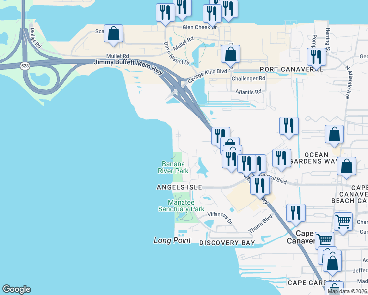 map of restaurants, bars, coffee shops, grocery stores, and more near 8954 Puerto Del Rio Drive in Cape Canaveral