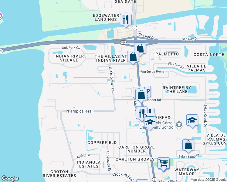 map of restaurants, bars, coffee shops, grocery stores, and more near 2402 North Tropical Trail in Merritt Island