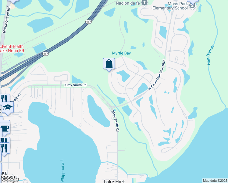 map of restaurants, bars, coffee shops, grocery stores, and more near 10107 Hidden Dunes Lane in Orlando