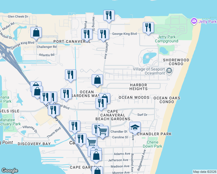 map of restaurants, bars, coffee shops, grocery stores, and more near 8805 Sea Shell Lane in Cape Canaveral