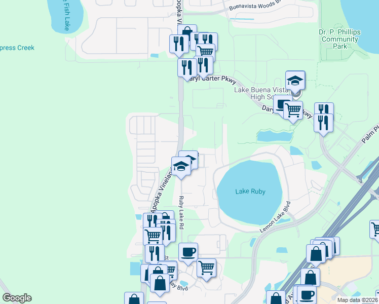 map of restaurants, bars, coffee shops, grocery stores, and more near 11456 Commercial Street in Orlando