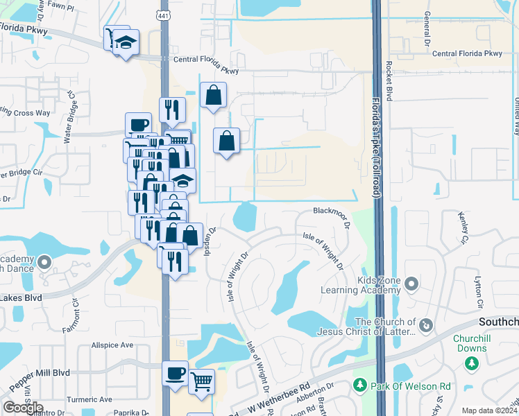 map of restaurants, bars, coffee shops, grocery stores, and more near 11516 Grazeley Court in Orlando
