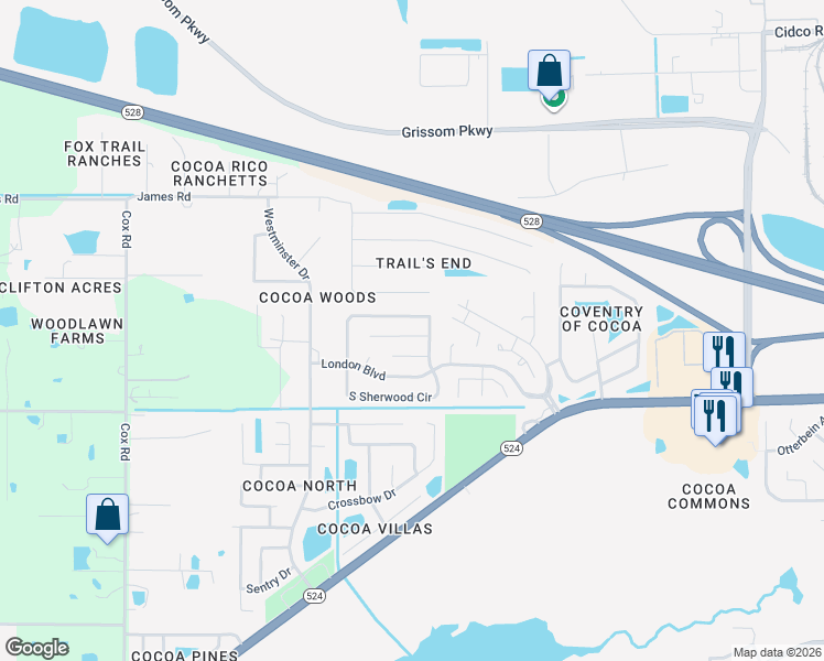 map of restaurants, bars, coffee shops, grocery stores, and more near 3618 Shellie Court in Cocoa