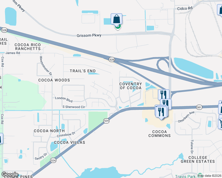 map of restaurants, bars, coffee shops, grocery stores, and more near 3123 Ispwich Drive in Cocoa