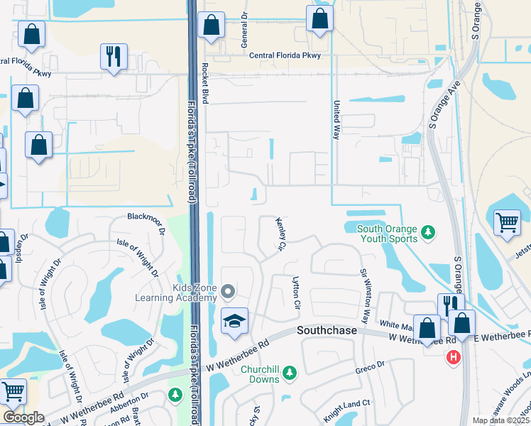 map of restaurants, bars, coffee shops, grocery stores, and more near 11519 Kenley Circle in Orlando