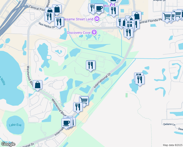 map of restaurants, bars, coffee shops, grocery stores, and more near 6300 Parc Corniche Drive in Orlando