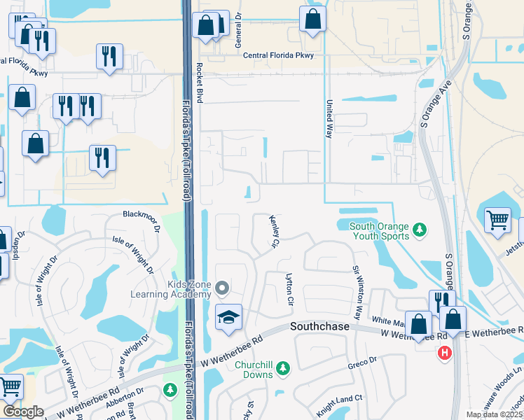 map of restaurants, bars, coffee shops, grocery stores, and more near 11519 Kenley Circle in Orlando