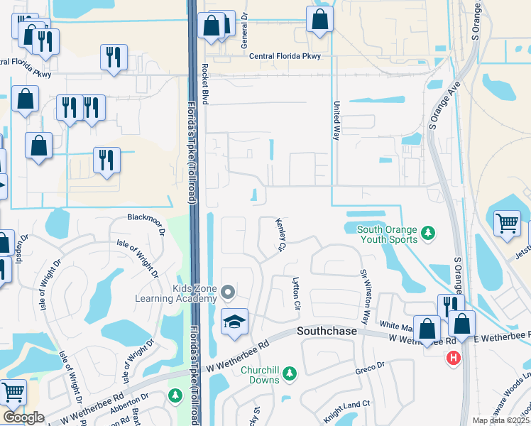 map of restaurants, bars, coffee shops, grocery stores, and more near 11519 Kenley Circle in Orlando